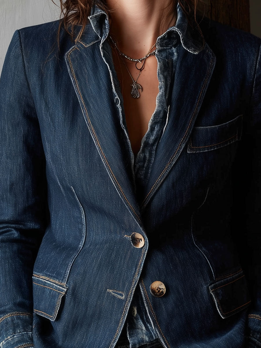 Vintage Washed Denim Lapel Blazer