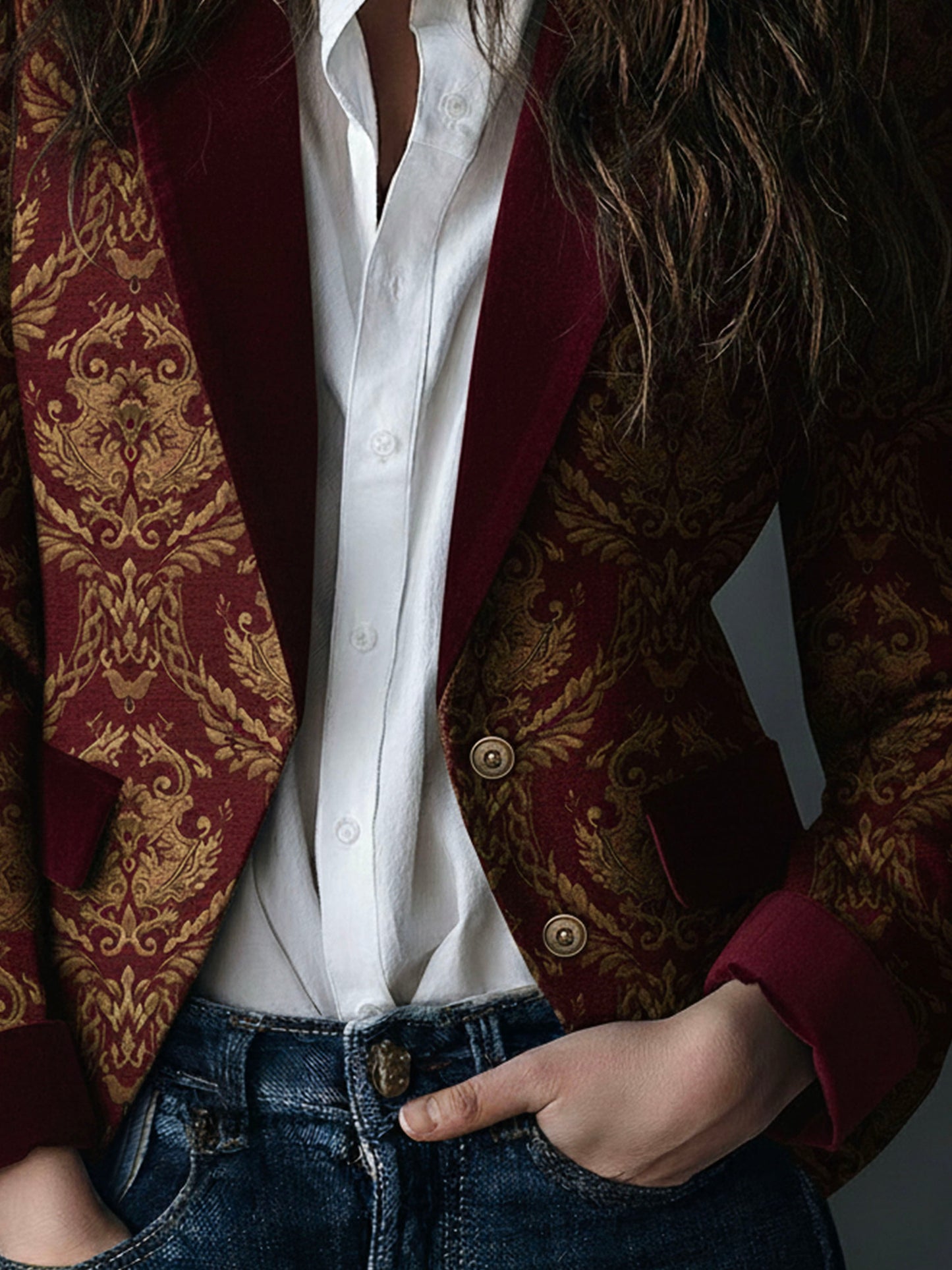 Vintage Burgundy Baroque Jacquard Tailored Blazer With Shawl Lapel