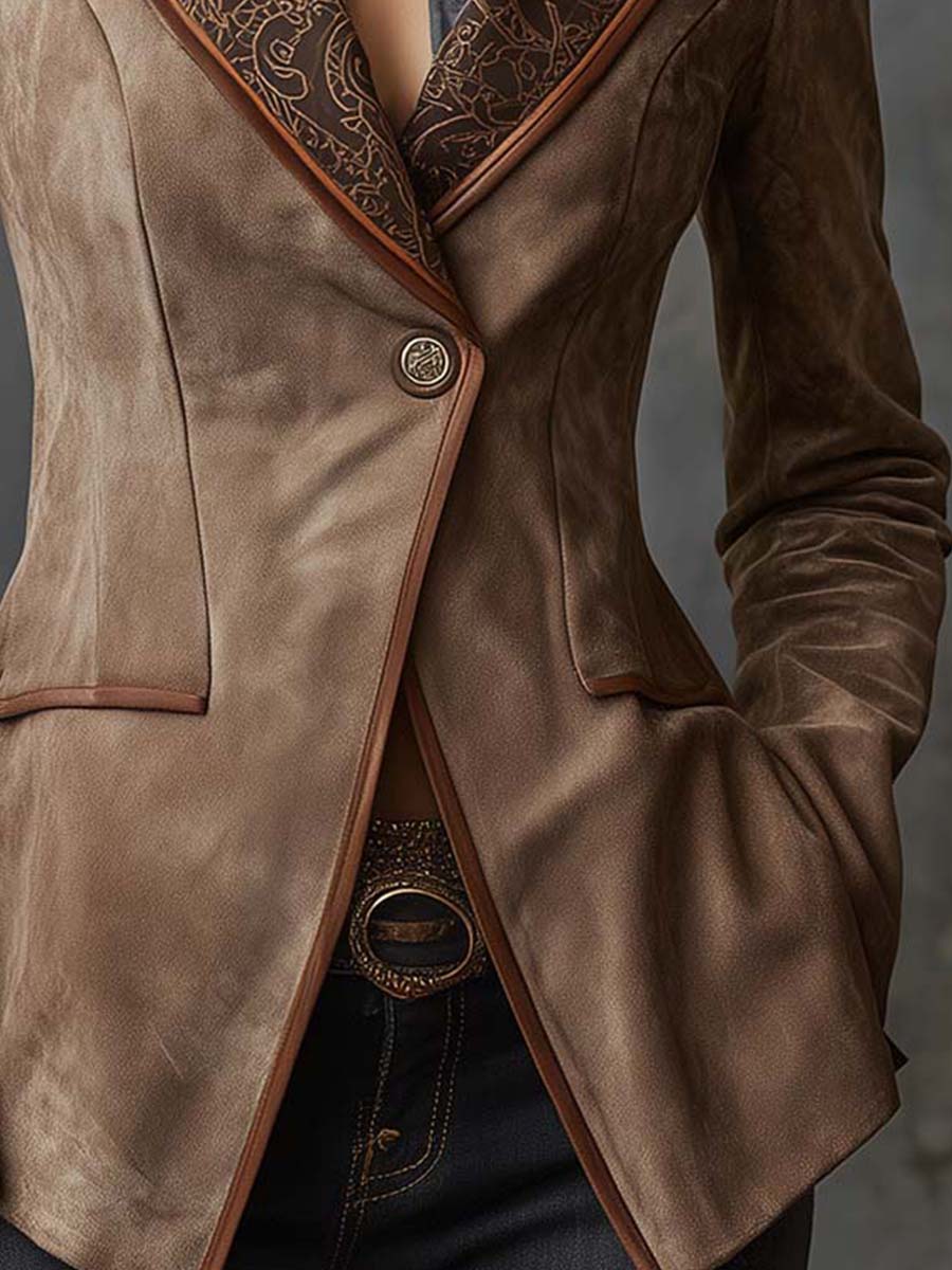 Vintage Taupe Suede Blazer With Printed Lapel