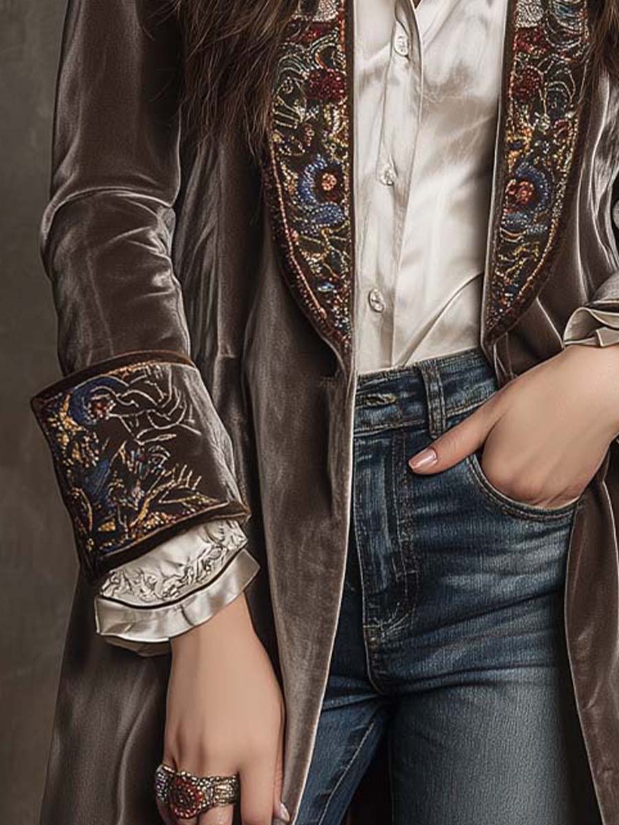 Taupe Mist Embroidered Polyester Velvet Long Blazer