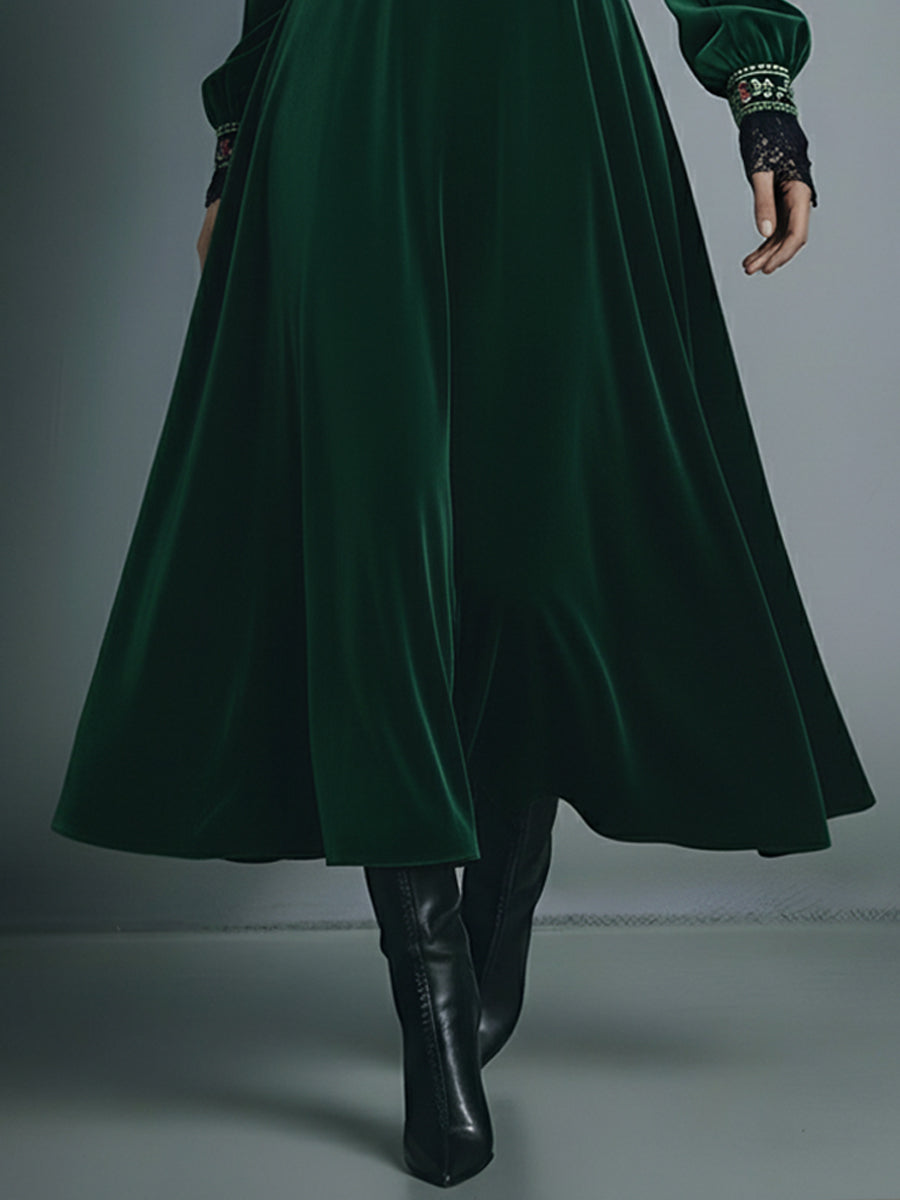 Bohemian Artistry Emerald Velvet Bloom Midi Dress