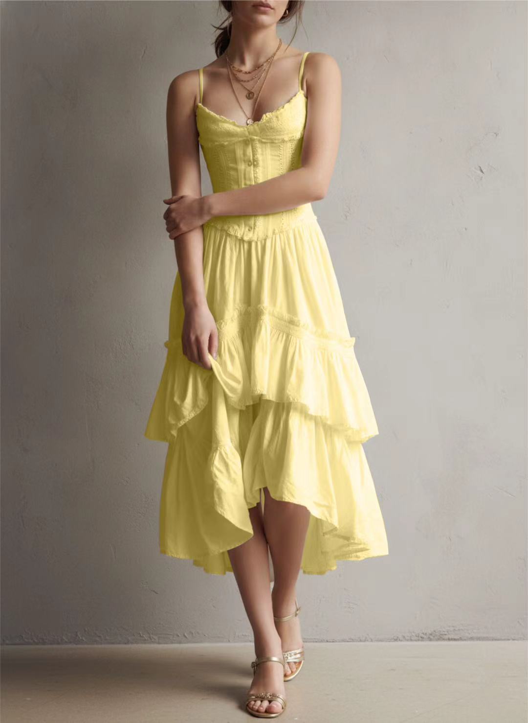 Retro Boho White Corset Tiered Midi Dress With Lace-Trim
