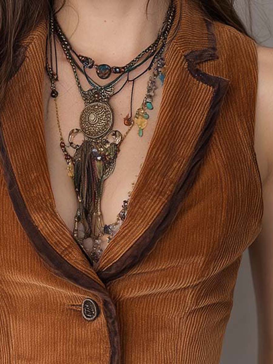 Retro Bohemian Contrast Piping Corduroy Slim Vest