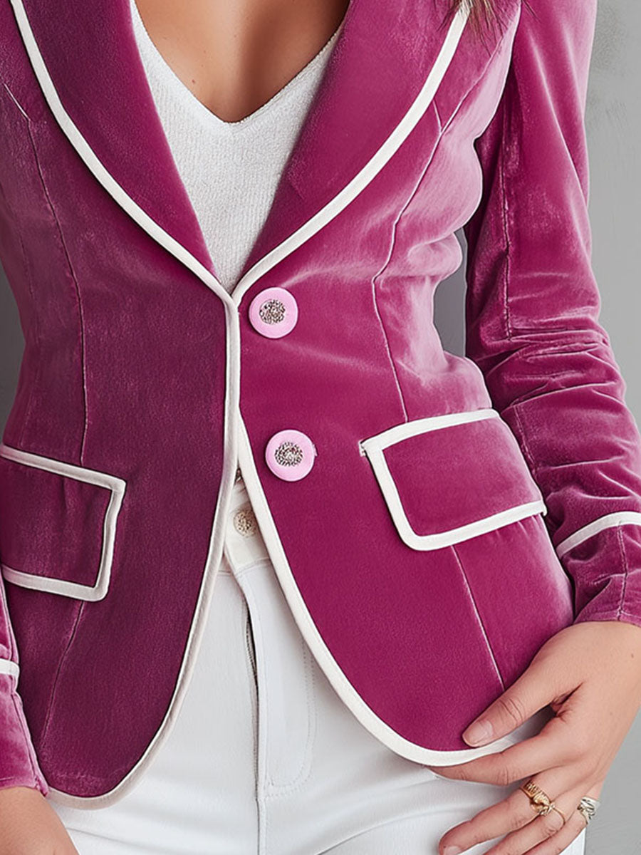 Vintage Tailored Bright Pink Velvet Blazer With White Piping