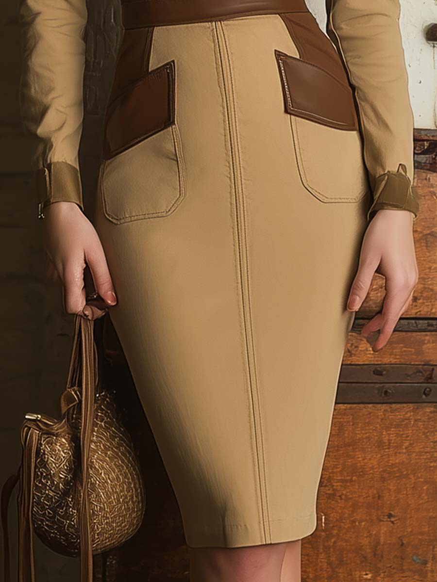 Khaki Contrast Pocket Bodycon Utility Midi Dress