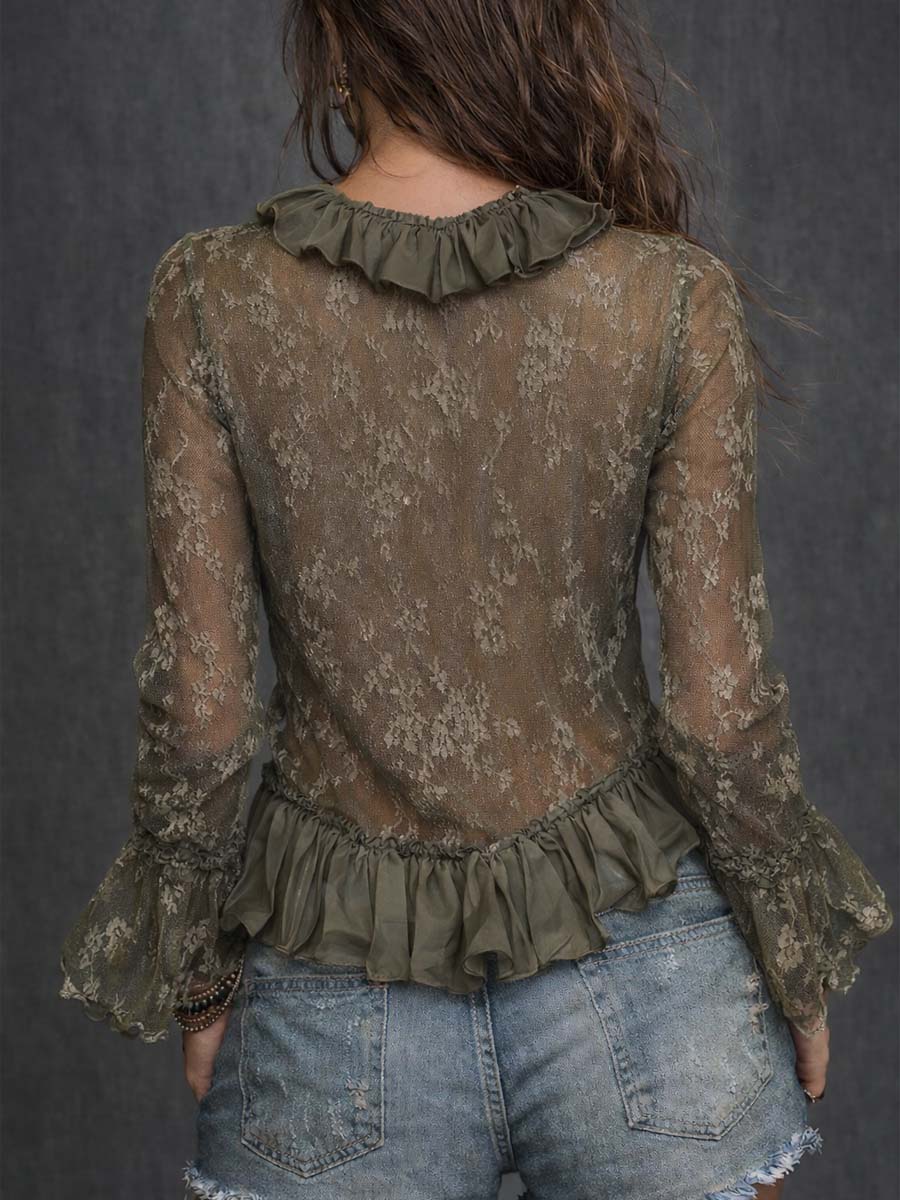 Romantic Bohemian Olive Lace Ruffle Sheer Top