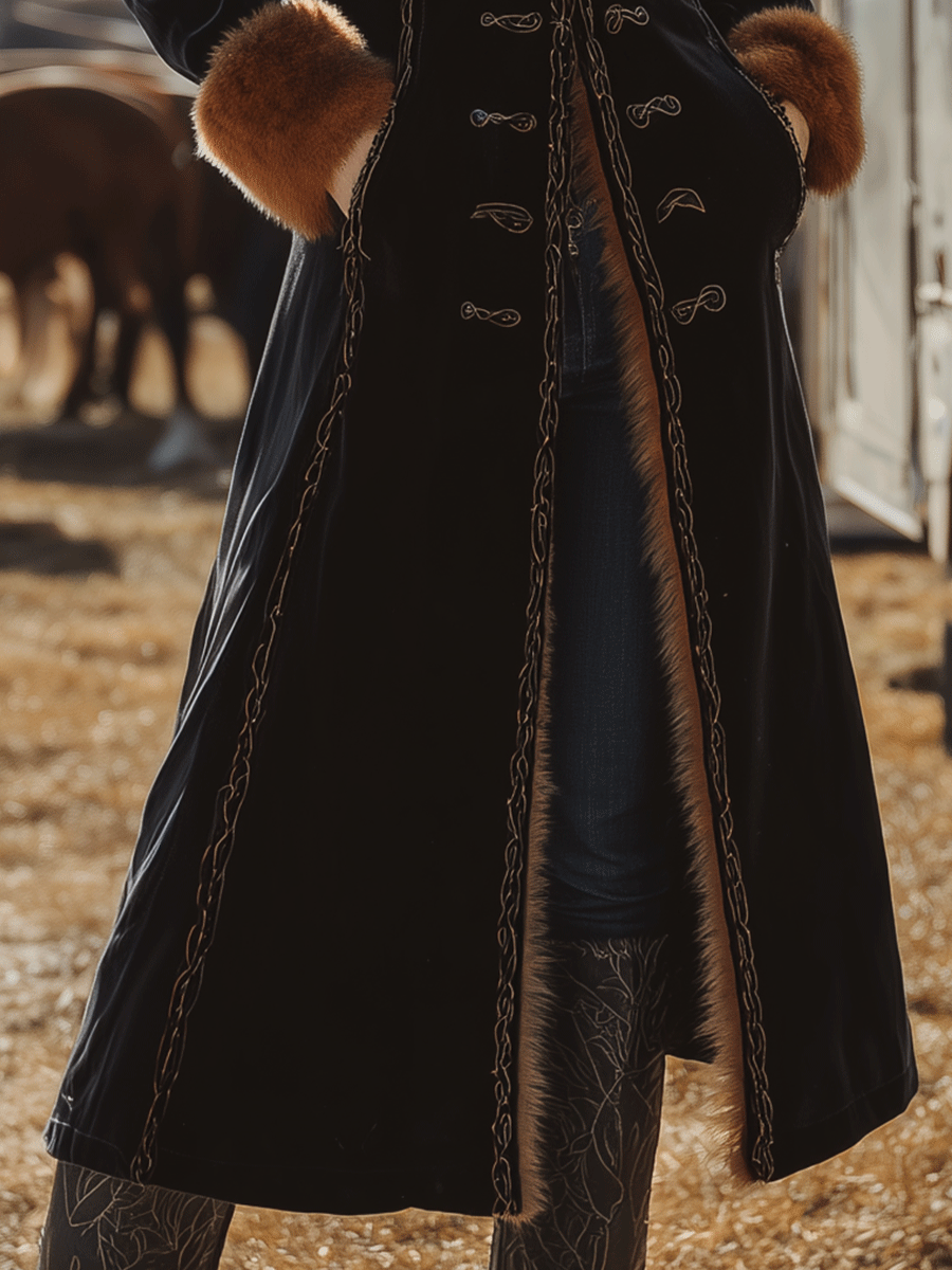 Vintage Black Velvet Faux Fur Trim Long Coat