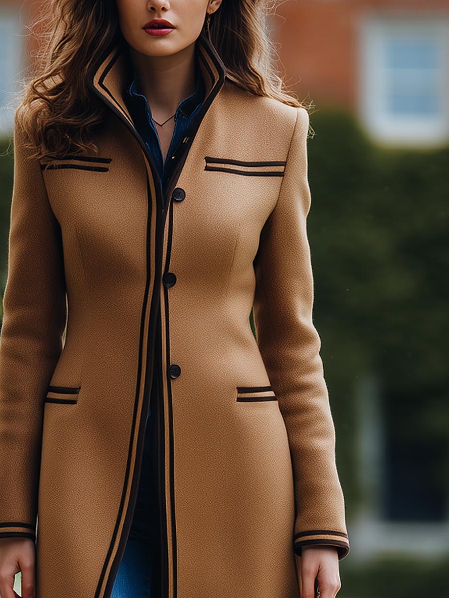 Retro Contrast Color Trim Woolen Polyester Mid-Length Jacket