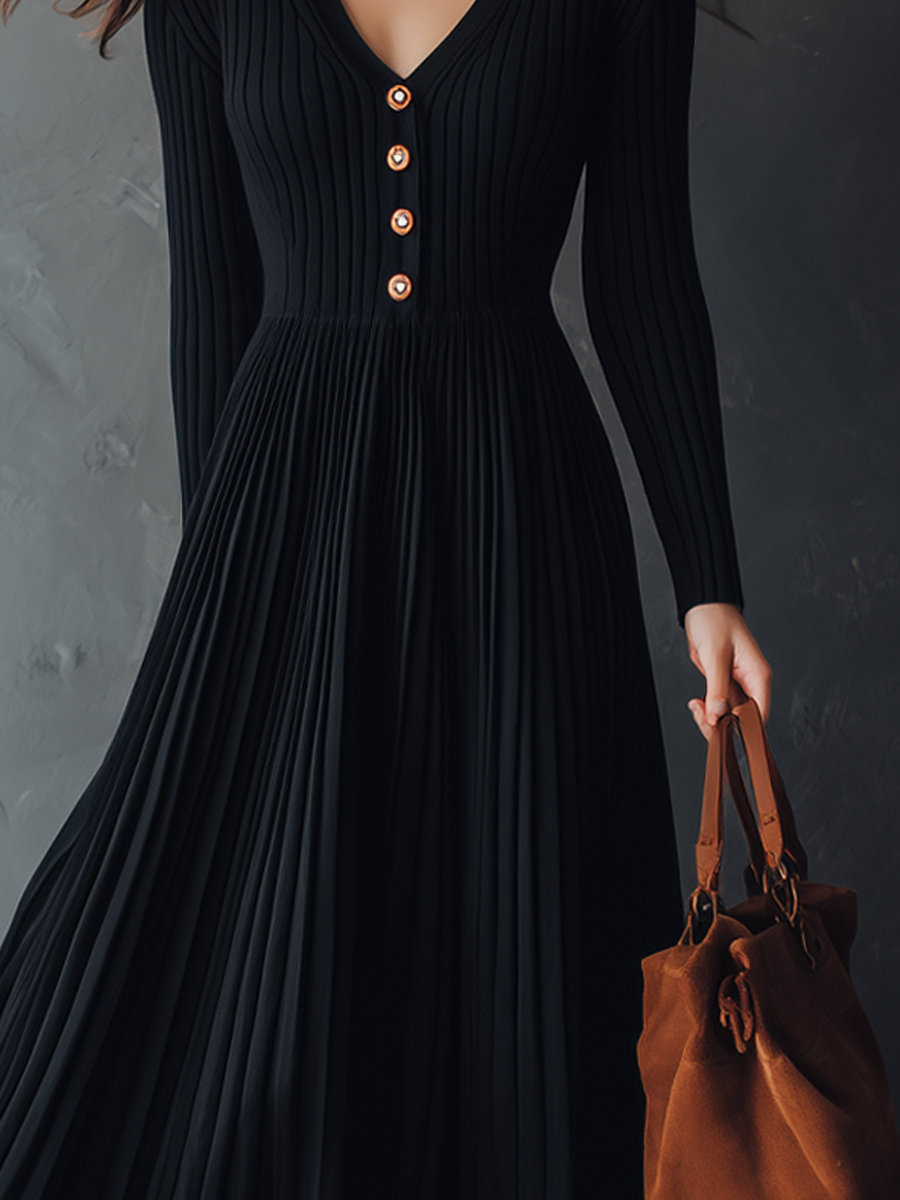 Retro V-neck Pleated Knitted Maxi Dress