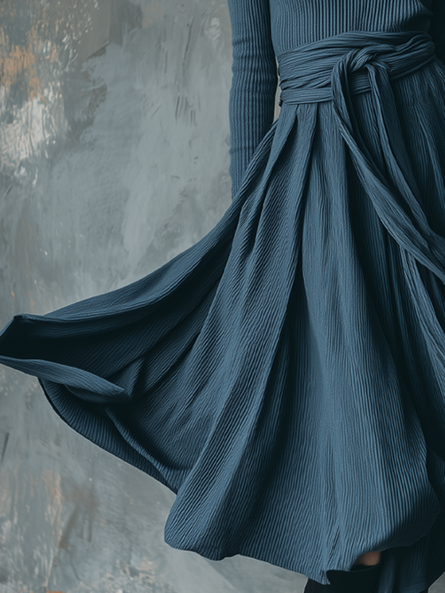 Retro Thread Round Neck Lace-up Midi Dress