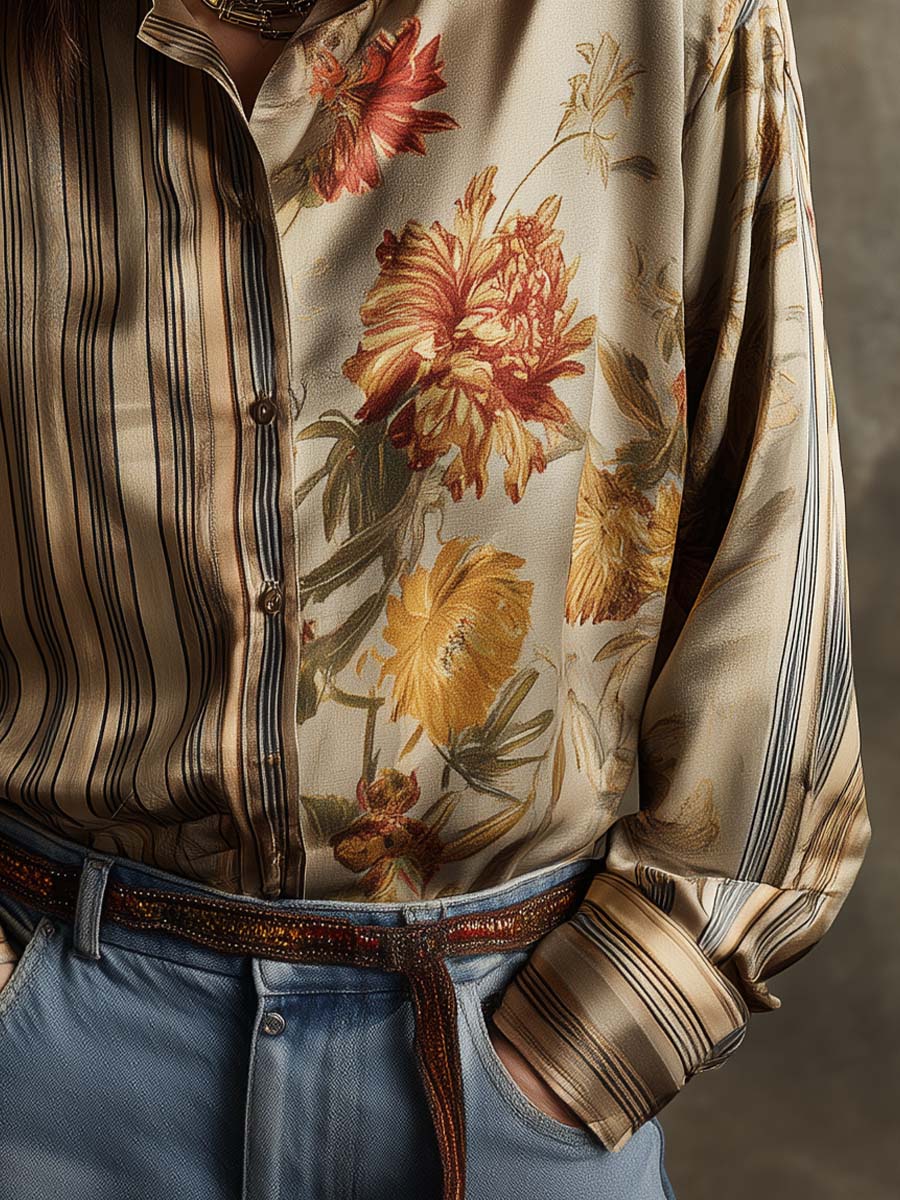 Vintage Boho Floral & Stripe Mixed-Print Blouse