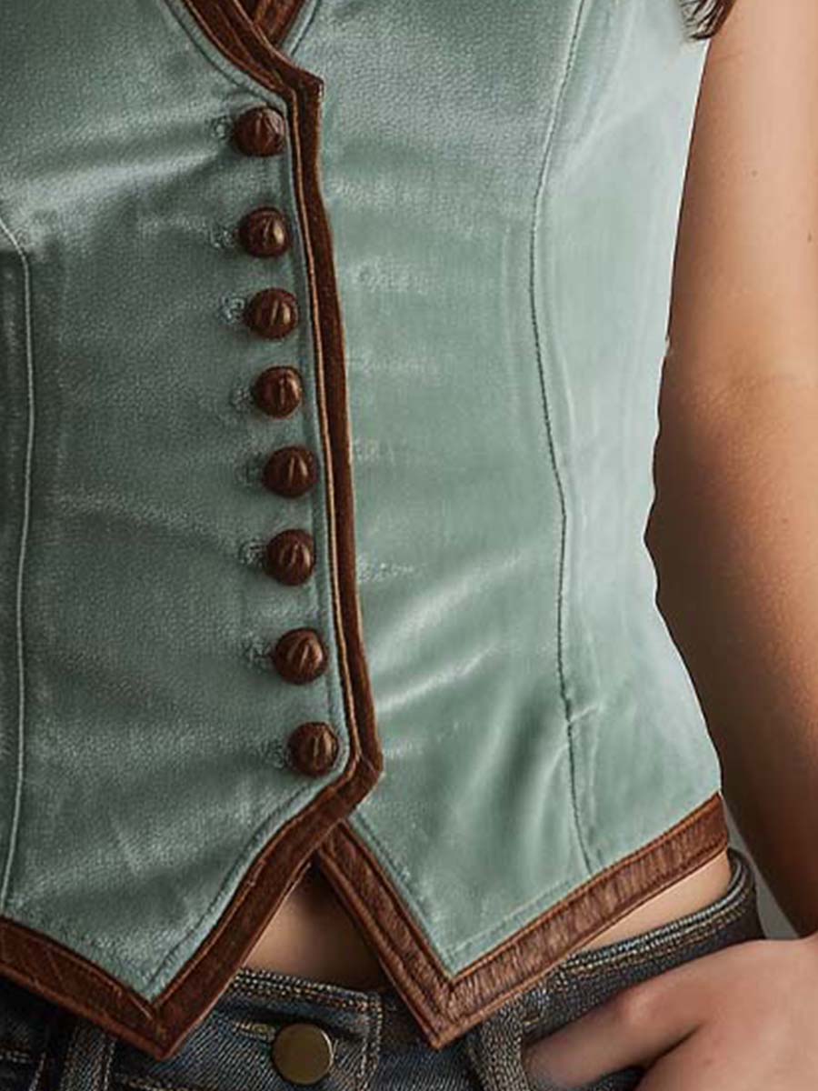 Sage Velvet And Contrast Leather Trim Slim Fit Vest