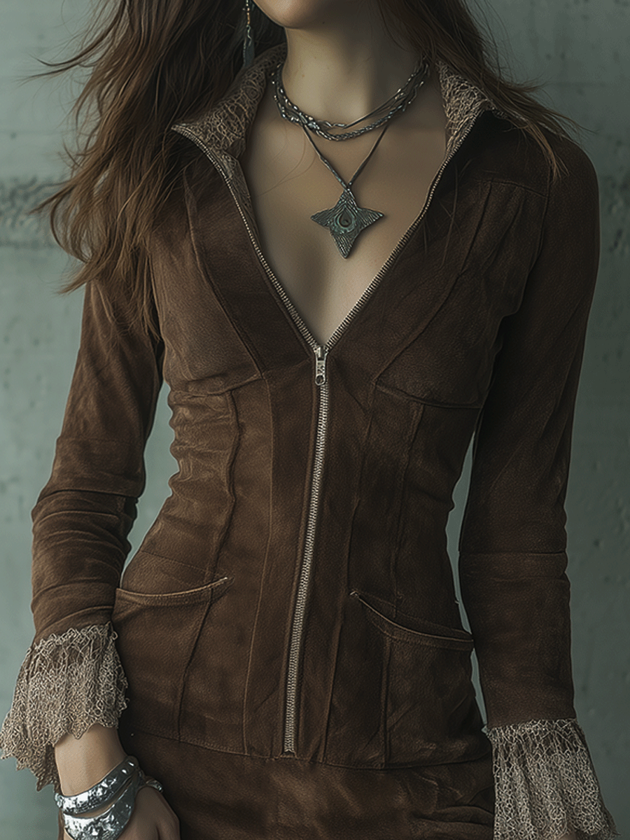 Retro Brown Suedewith Lace Trim And Zip Front Mini Dress