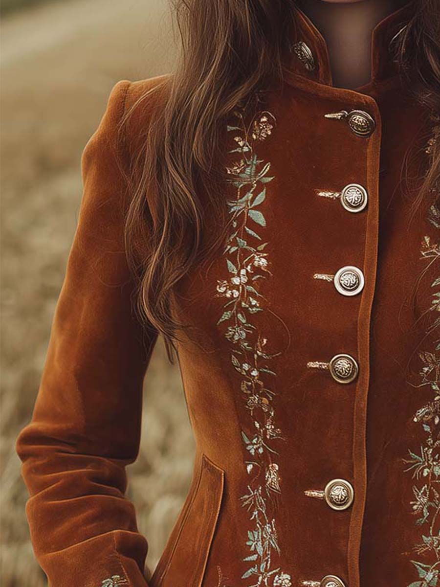 Vintage Microsuede Floral Embroidery Distressed Button Slim-Fit Jacket