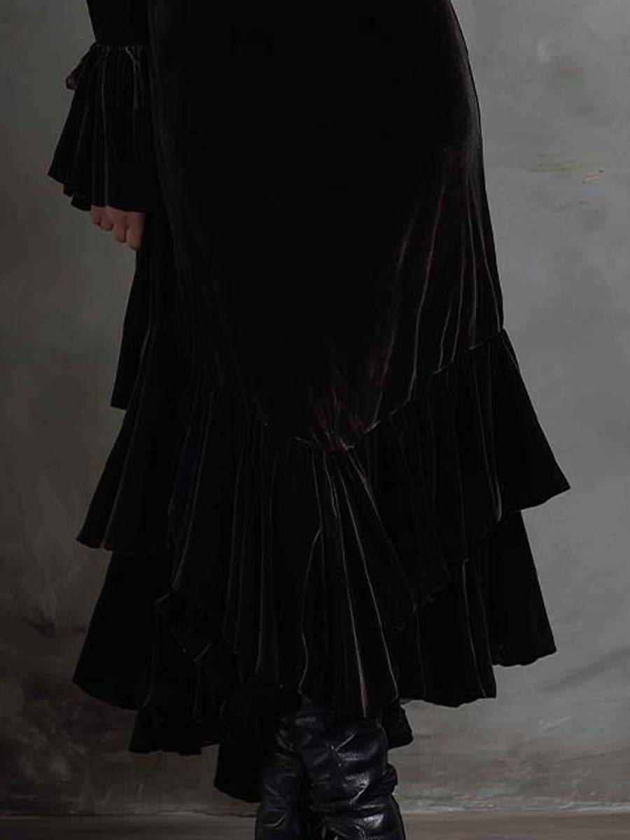Black Velvet High-Neck Asymmetric Maxi Dress