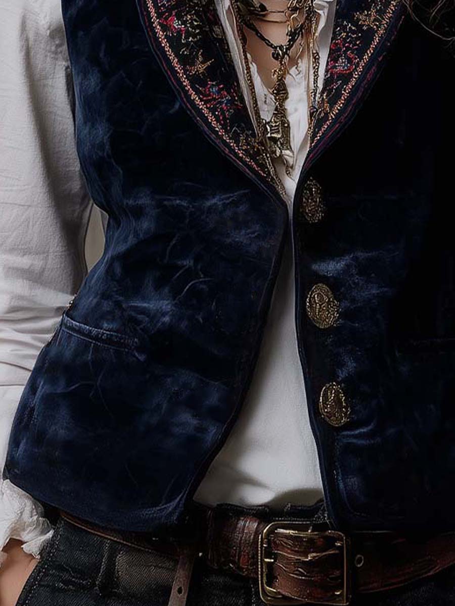 Navy Velvet Embroidered Lapel Vest
