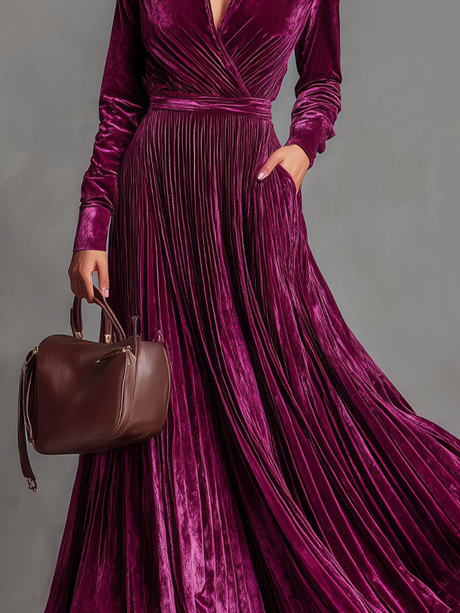 Retro Cross V-neck Pleated Velvet Maxi Dress