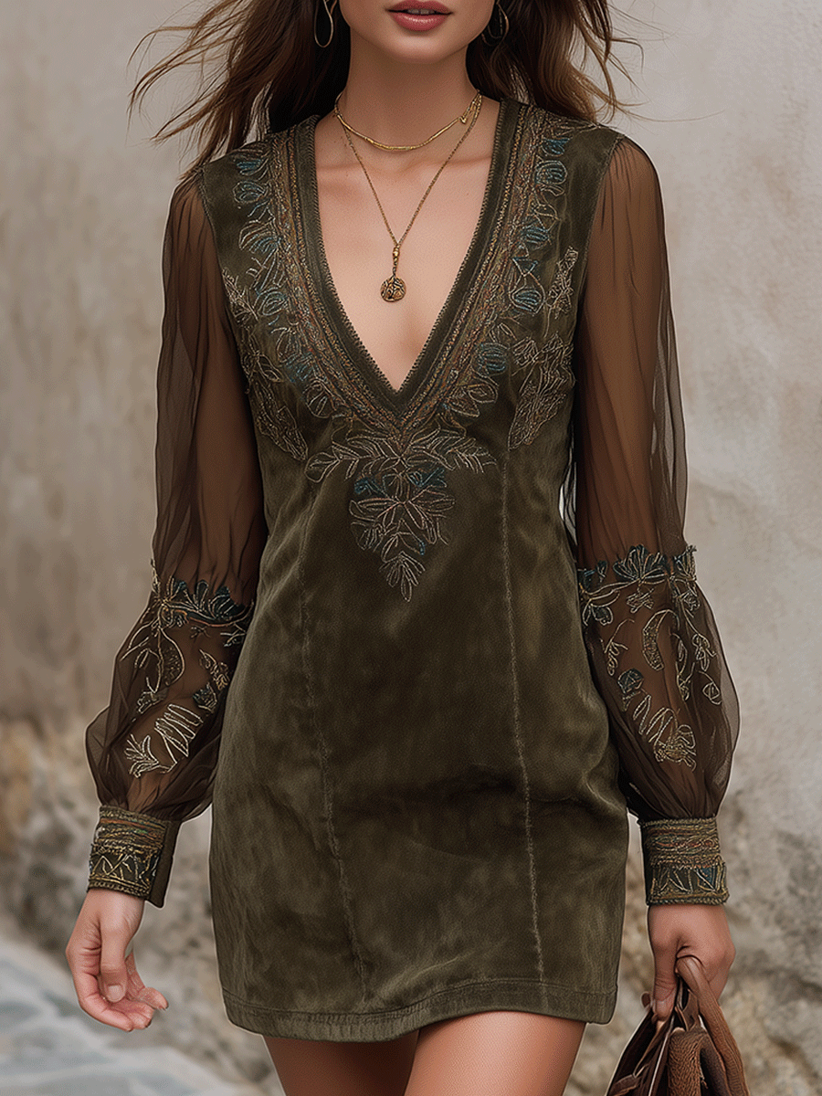 Bohemian Olive Suede Embroidered Mini Dress