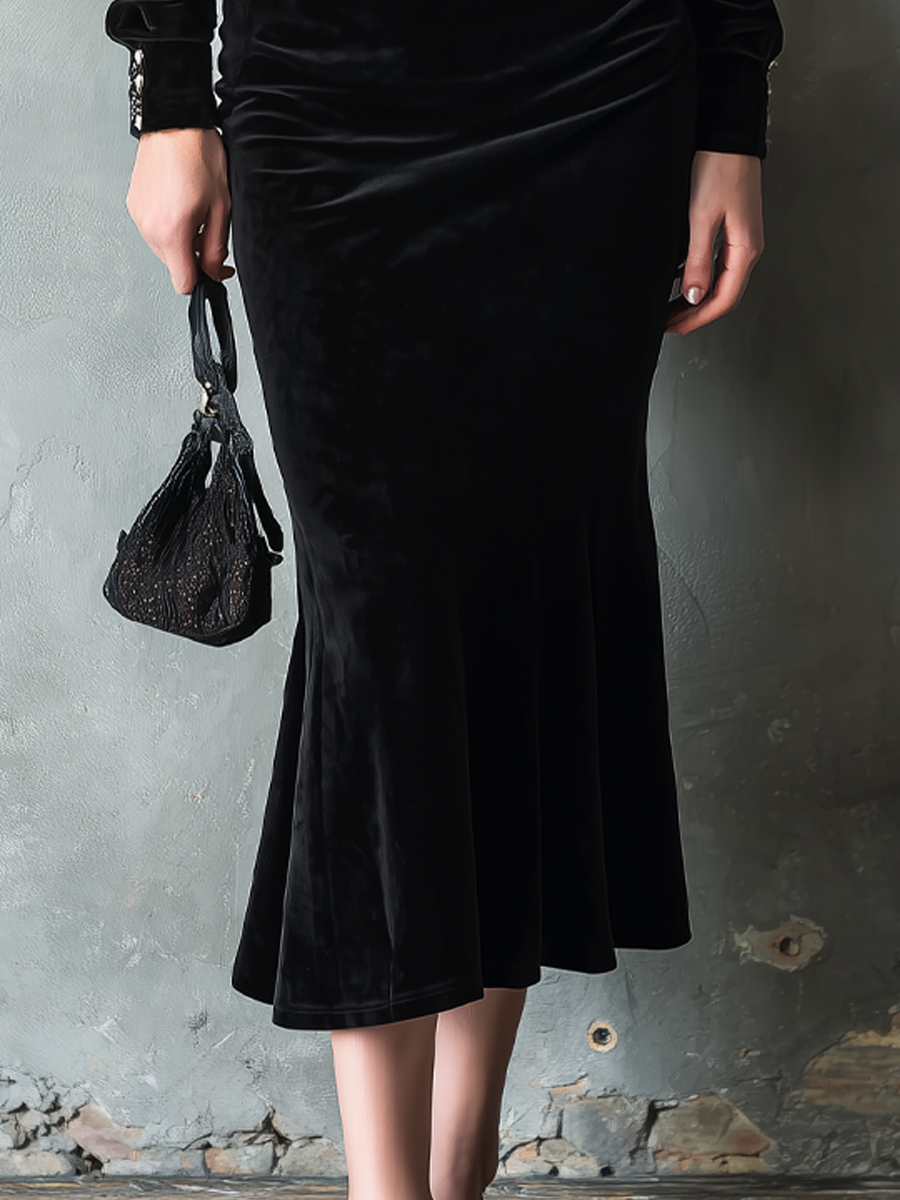 Elegant Fitted Waist Velvet Shirt And Fishtail Skirt Set