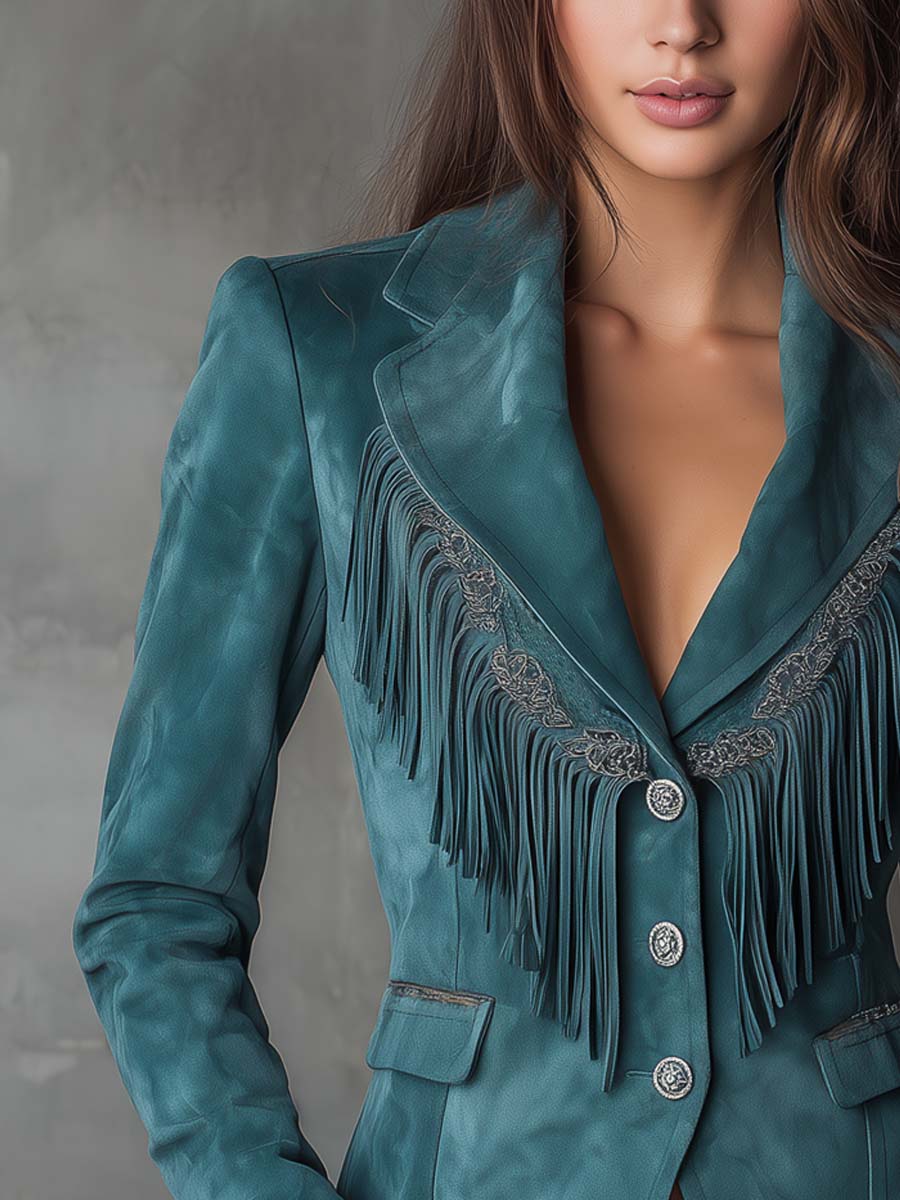 Vintage Tassel Embroidered Polyester Suede Blazer