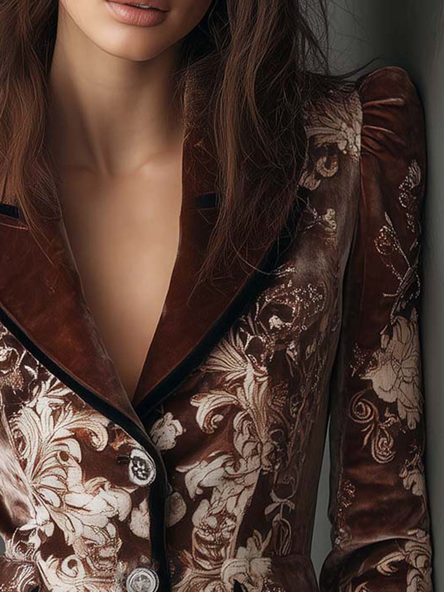 Mocha Cream Baroque Print Polyester Velvet Blazer