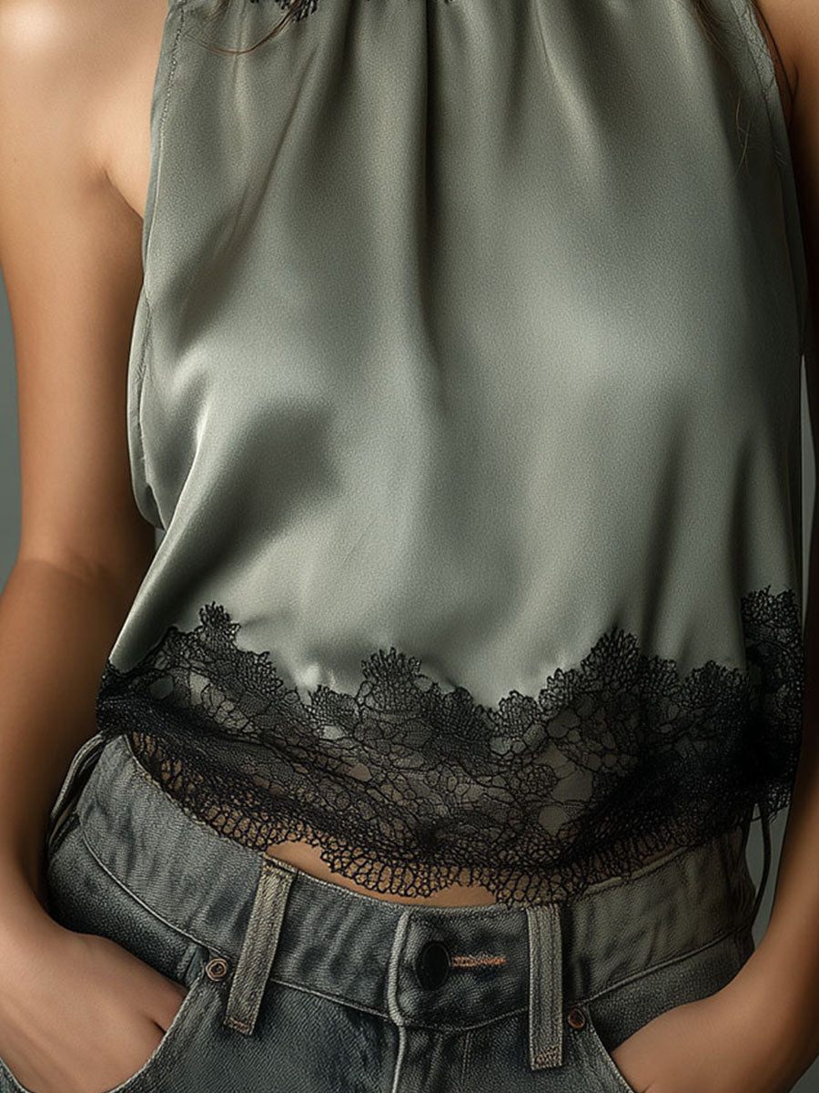 Boho Satin Olive High Neck Blouse With Lace Trim