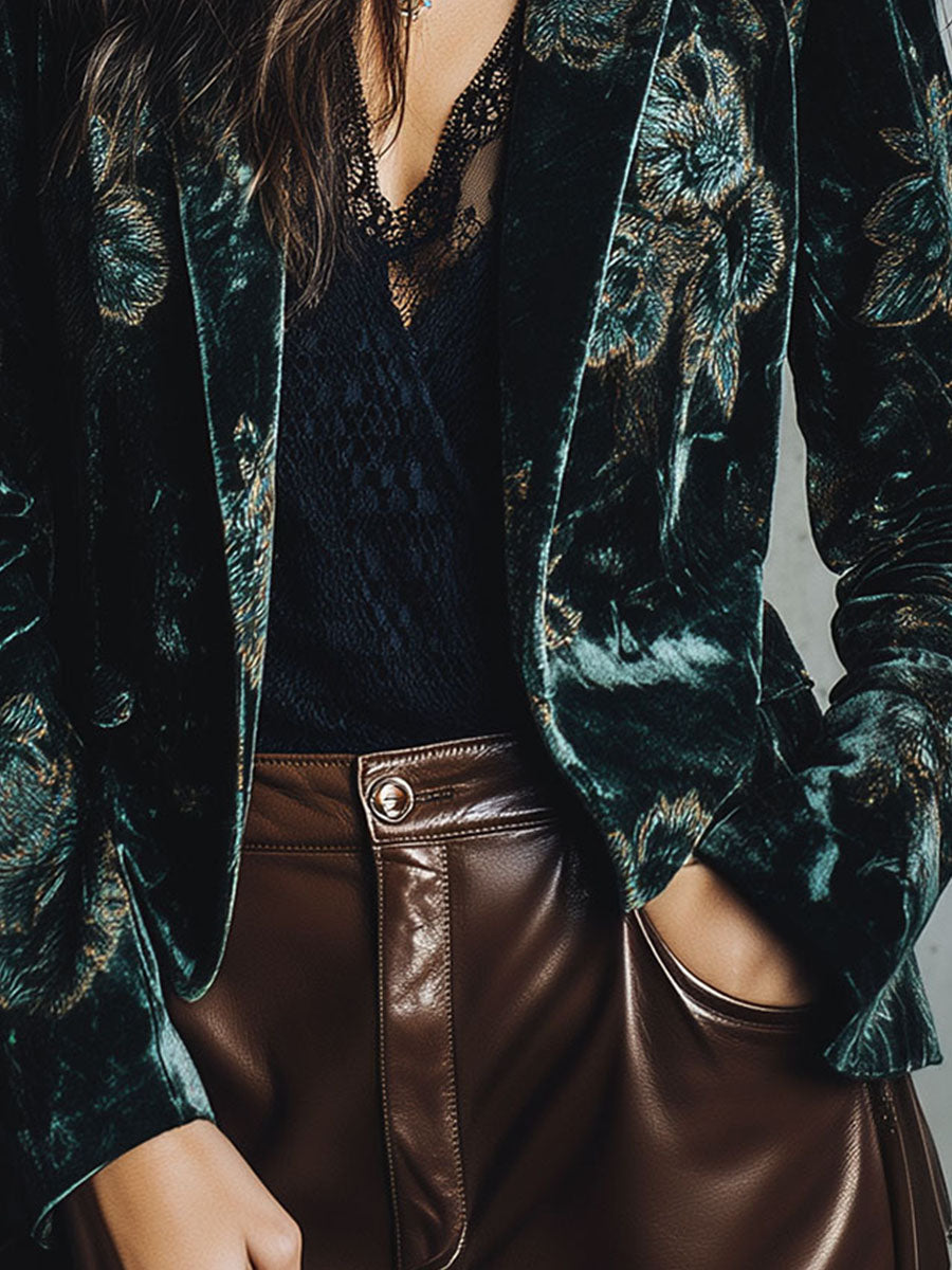 Chic Luxury Green Floral Print Velvet Blazer