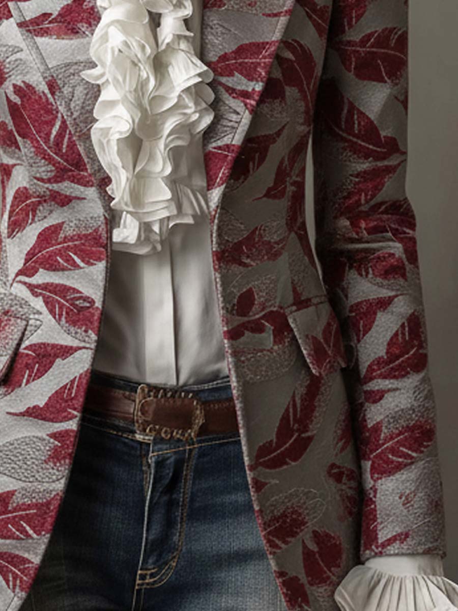 Vintage Jacquard Leaf Pattern Blazer In Red And Gray