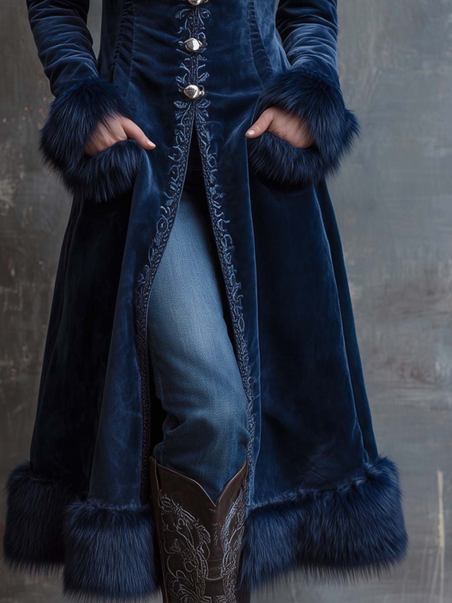Vintage Embroidered Faux Fur Trim Polyester Velvet Coat