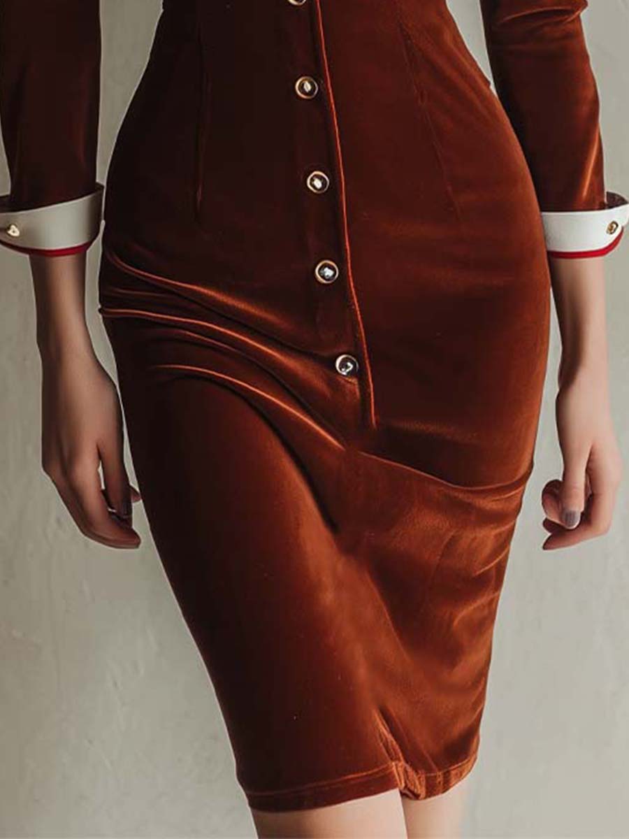 Retro Red Brown Velvet Contrast Collar Slim Midi Dress