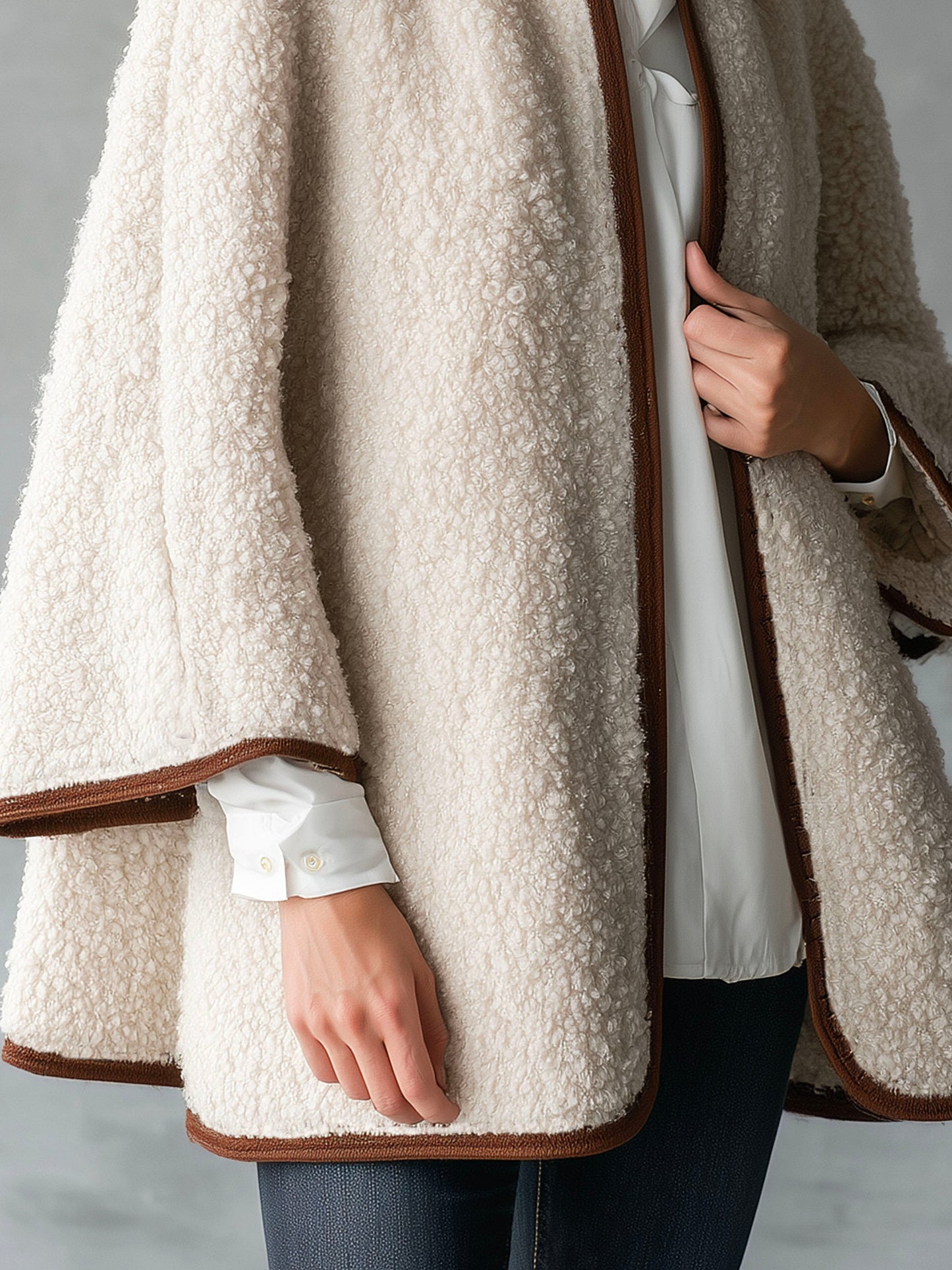 Cozy Ivory Teddy Shearling Cape With Contrast Trim