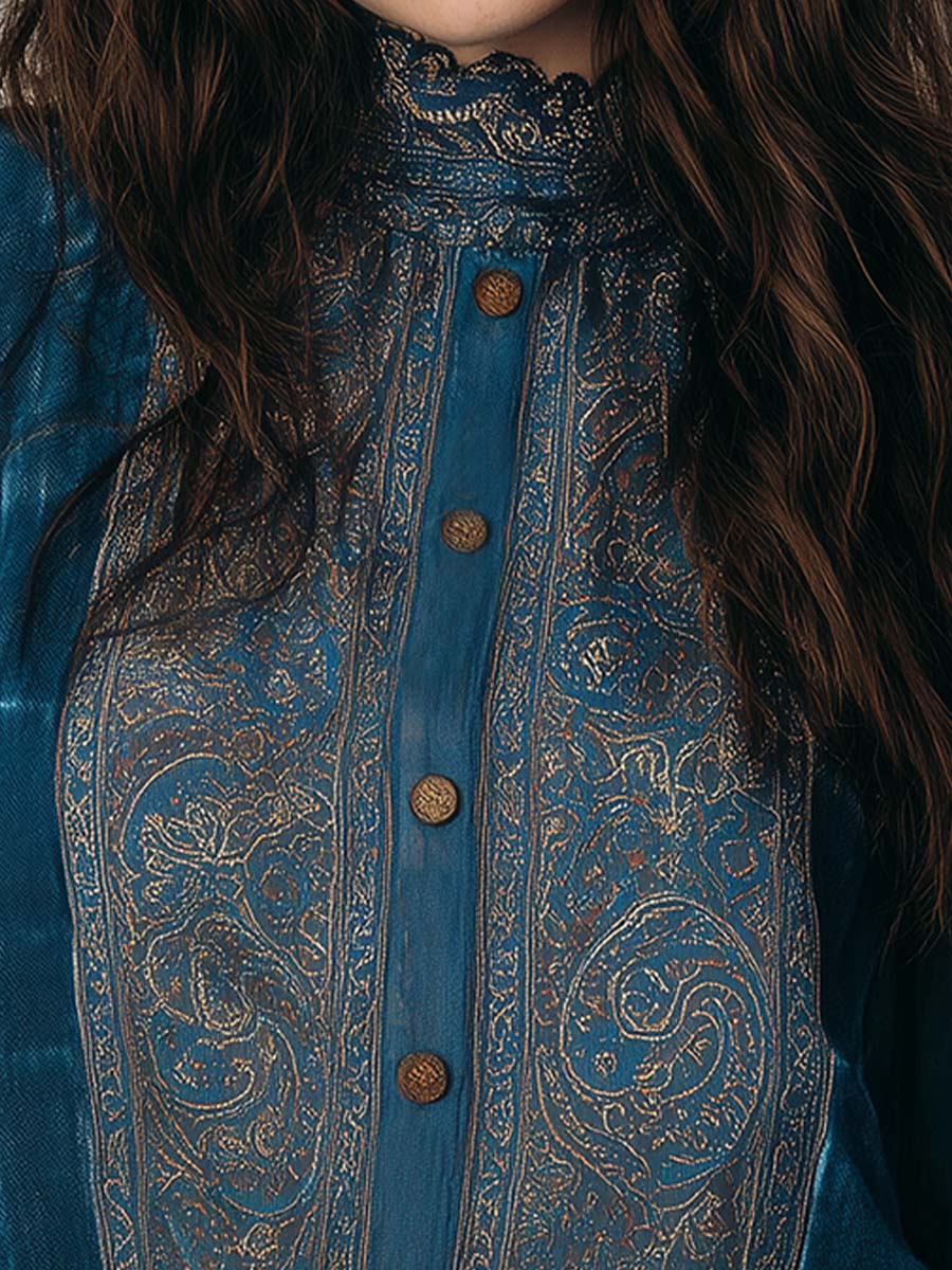 Vintage Bohemian Chiffon Printed Blouse With Lace Trim