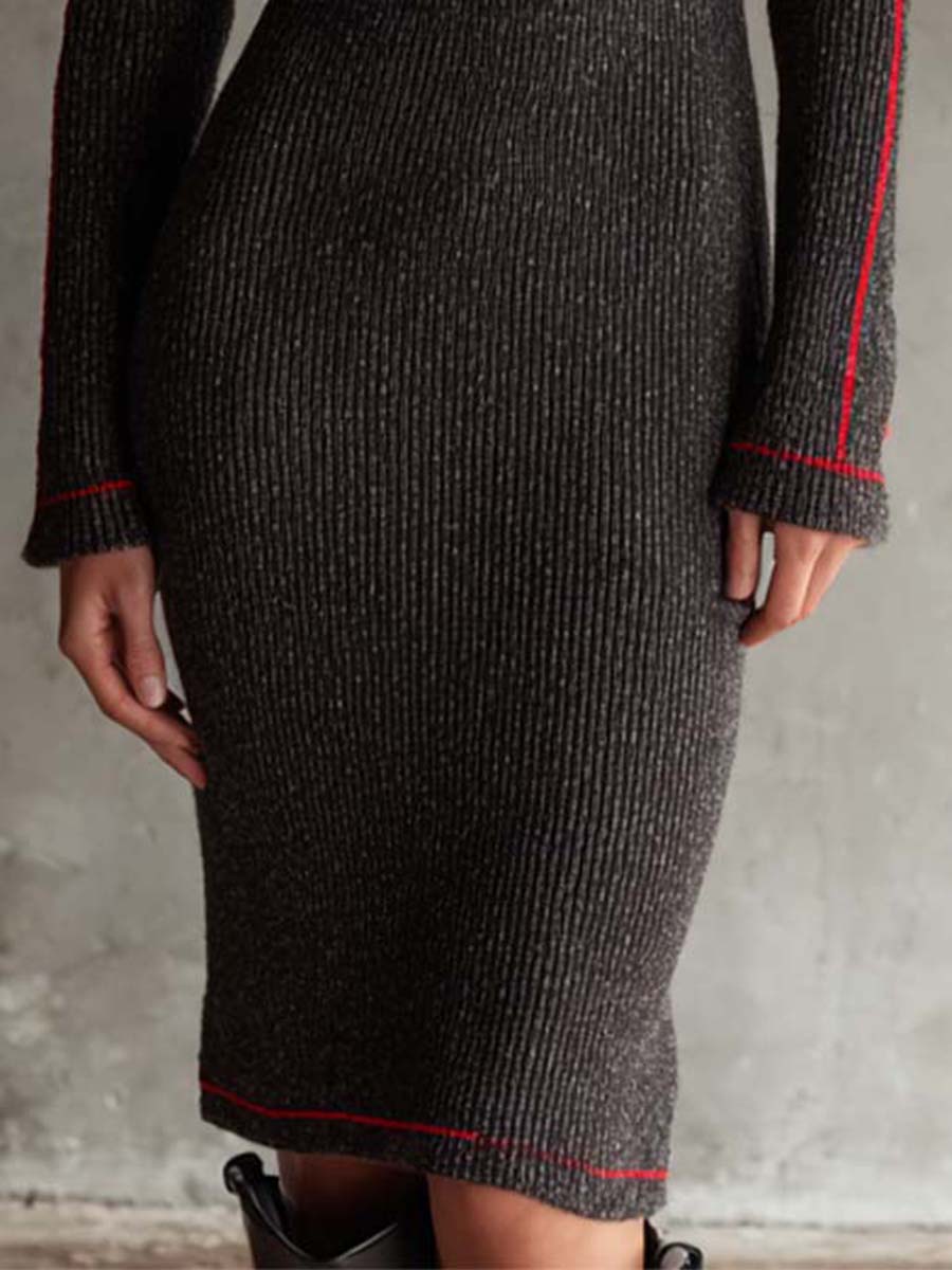 Rock Ash Knit Bodycon Midi Dress With Red Trim