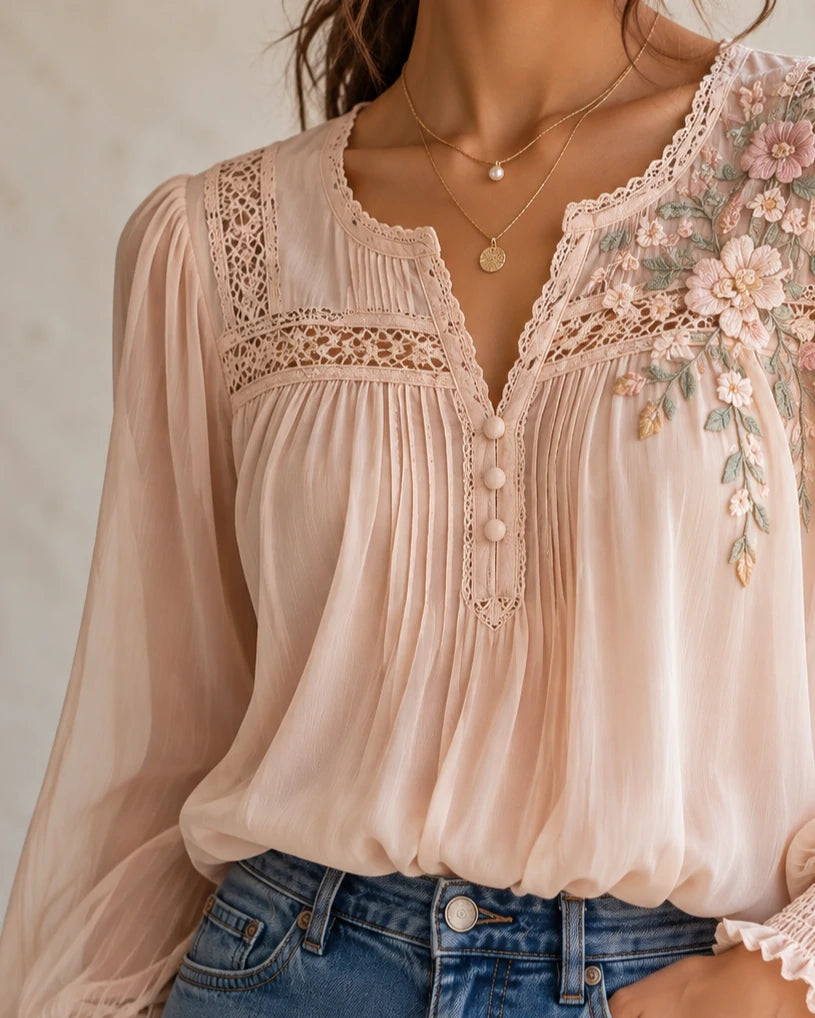 Floral Lace-Insert Blush Blouse