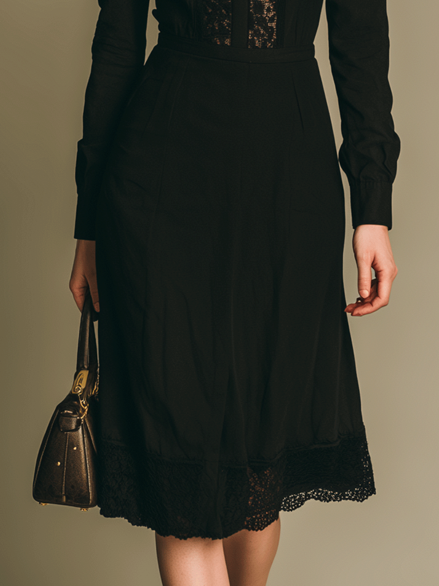 Vintage Elegant Black Lace Panel Midi Dress