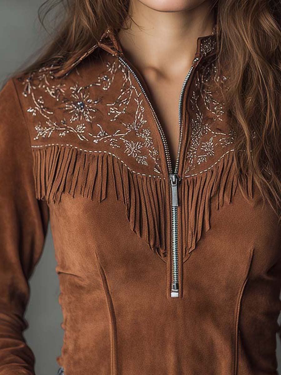 Vintage Suede Fringe Embroidered Zip-Up Top