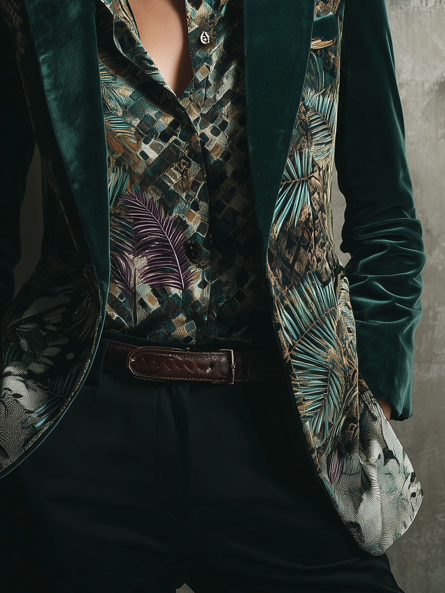 Quiet Luxury Tropical Palm Motif Polyester Velvet Lapel Blazer