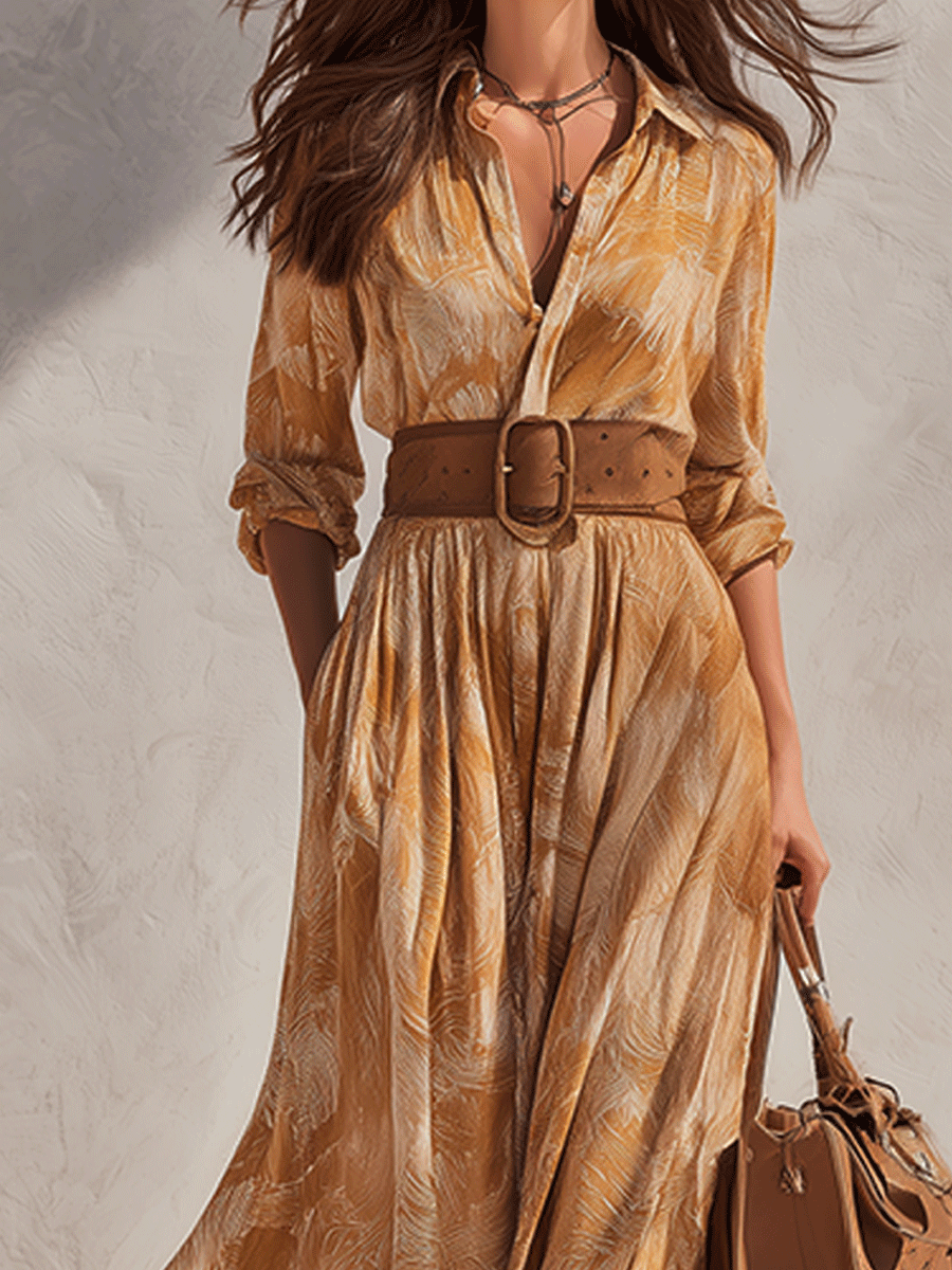Bohemian Amber Print Flowy Belted Shirt Maxi Dress