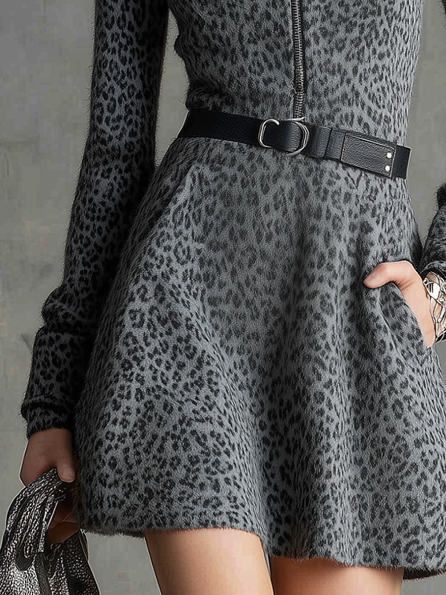 Retro Leopard Zipper Collar Knitted Mini Dress