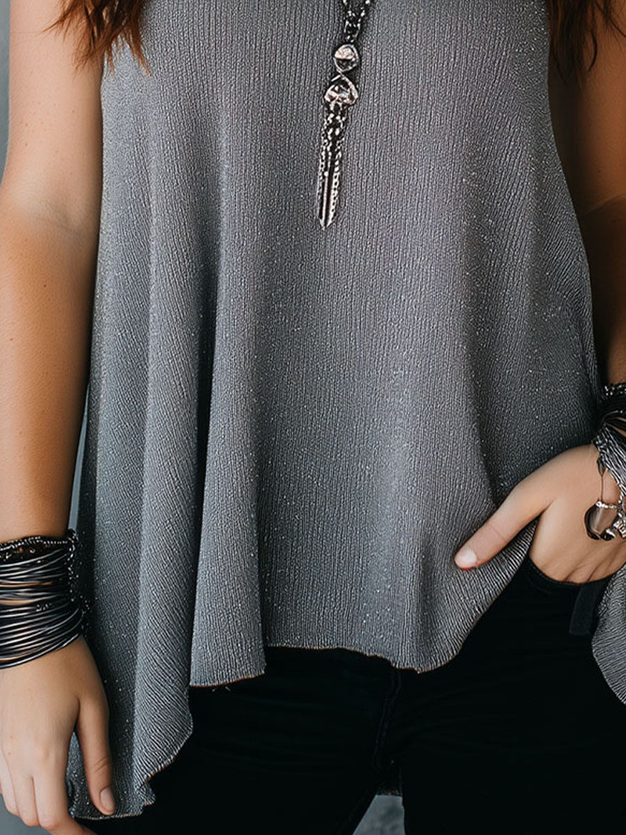 Silver Grey Shimmer Sleeveless Relaxed Fit Flowing Tank Top