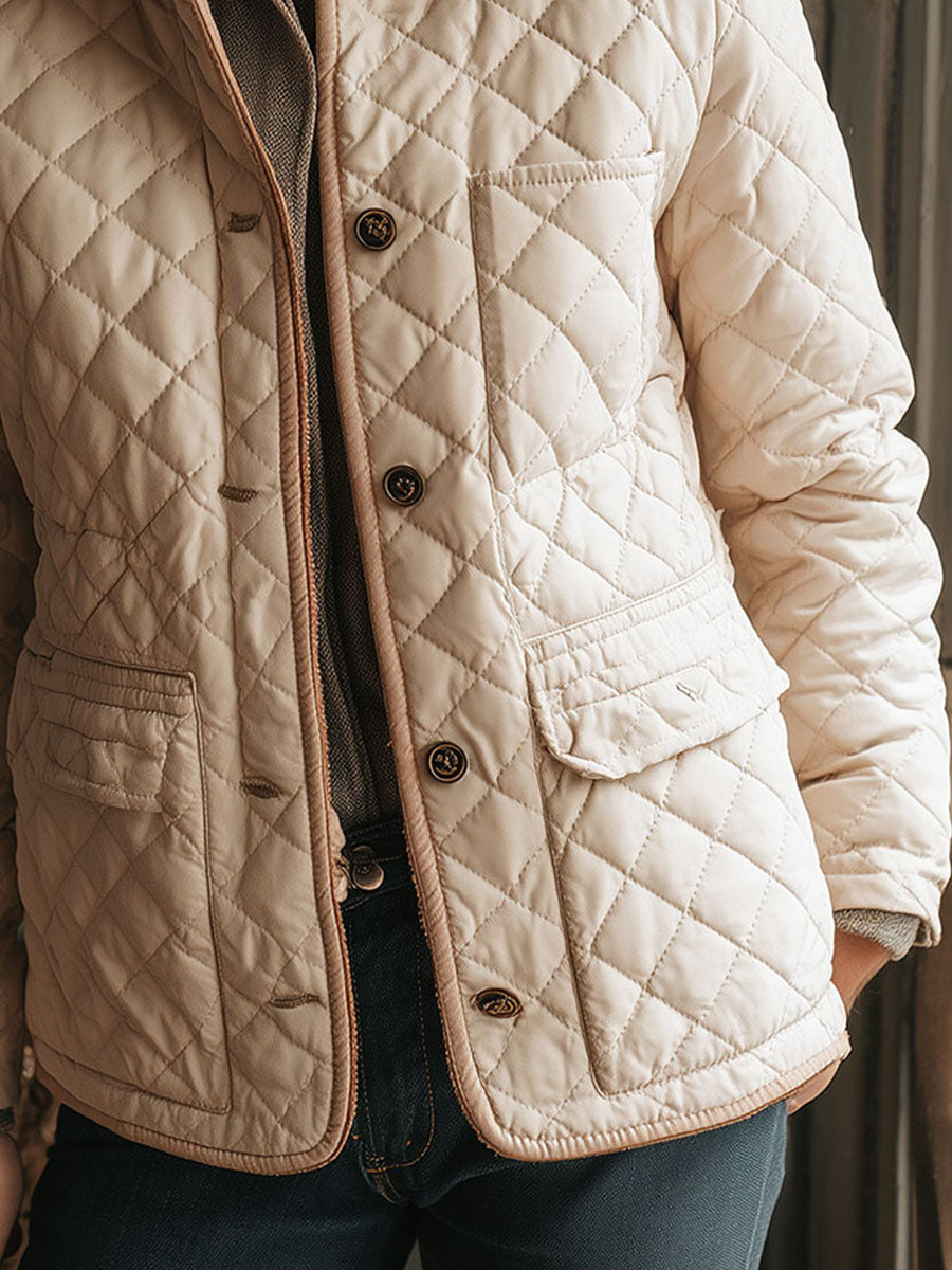 Classic Quilted Diamond Pattern Jacket With Corduroy Collar