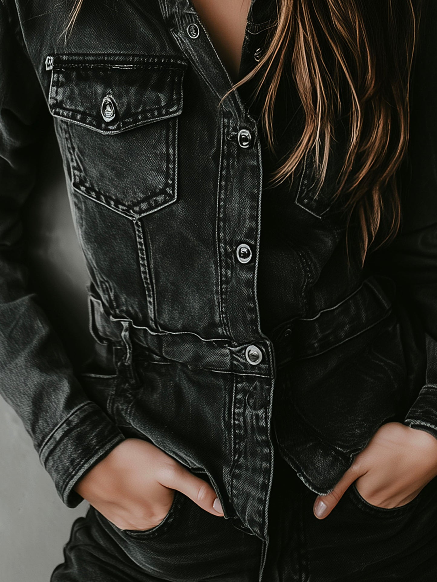 Retro Washed Black Denim Utility Jacket