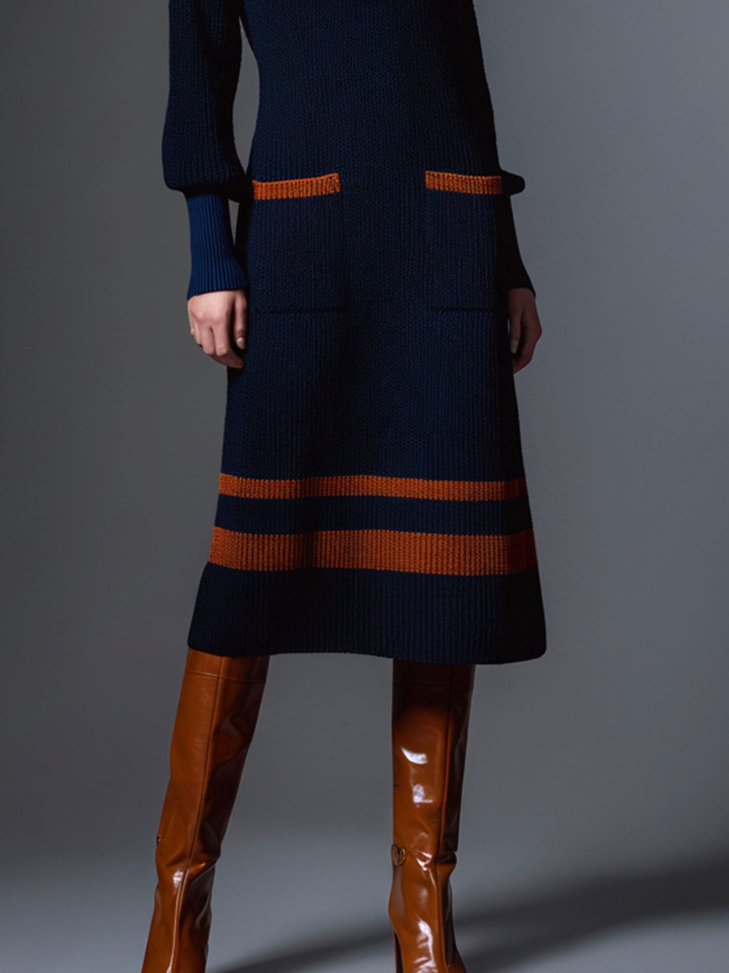 Navy Knit Contrast Orange Stripes Polo Midi Dress With Pockets