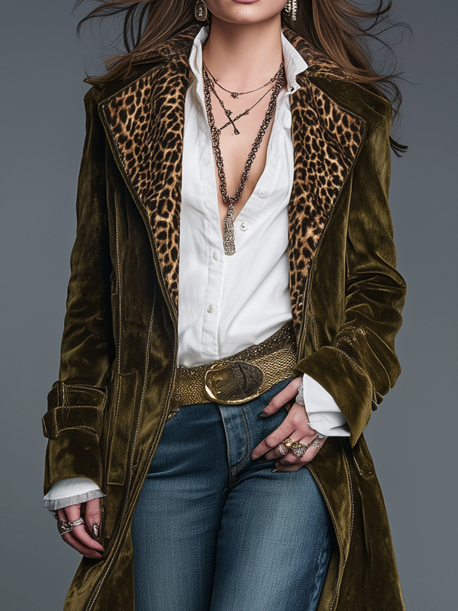 Boho Luxe Olive Velvet Leopard Lapel Long Coat