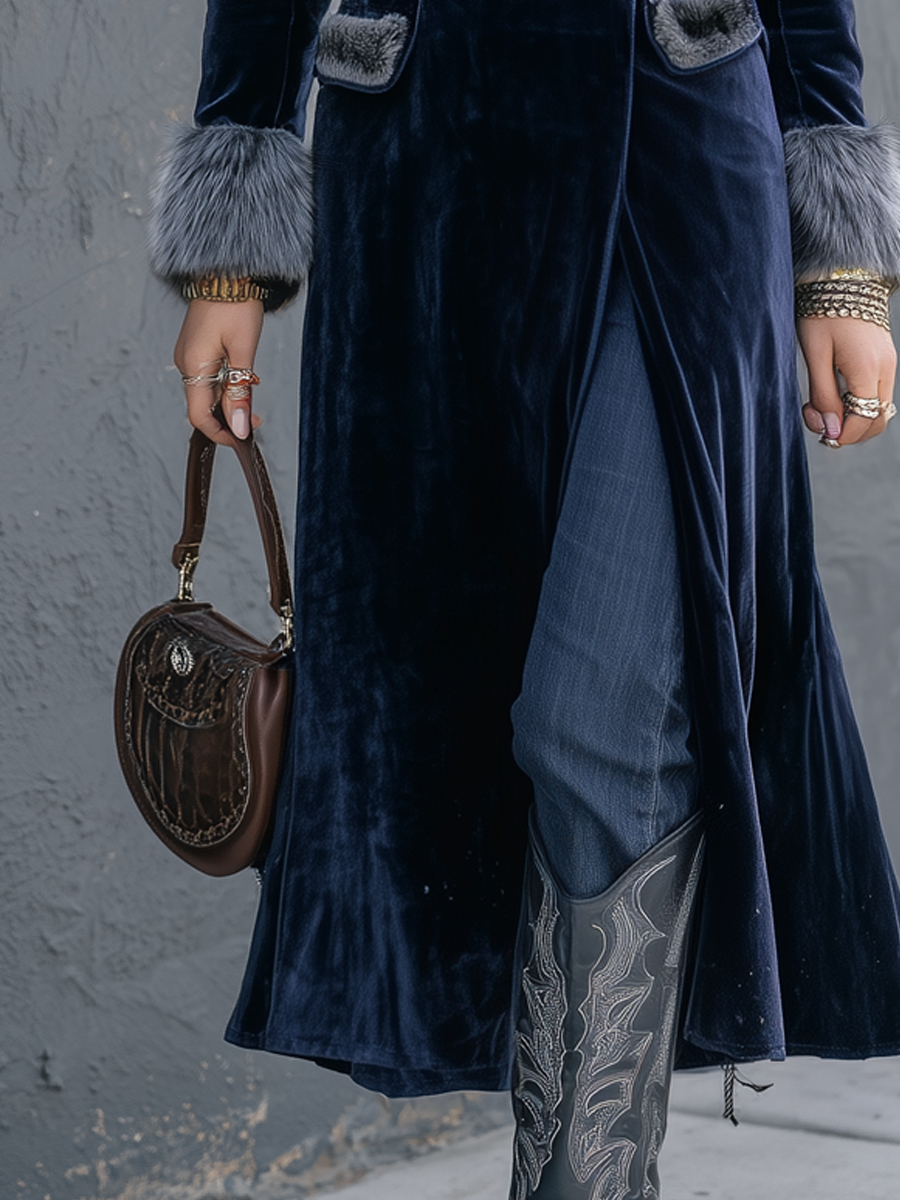 Retro Eco-friendly Fur Collar Velvet Coat