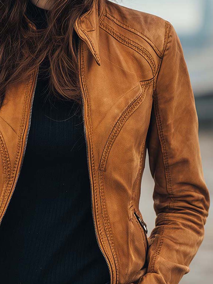 Women's Vintage Caramel Brown Fitted Moto Leather Jacket