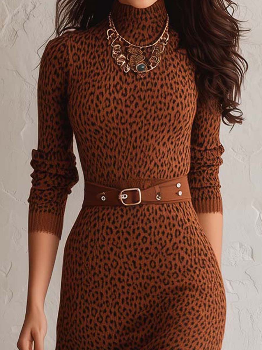 Classic Retro Belted Animal Print Sweater Midi Dress