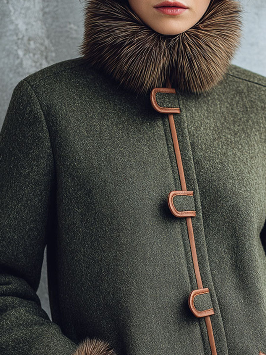Vintage Wool-Blend Mid-Length Coat With Eco Fur Collar And Cuffs