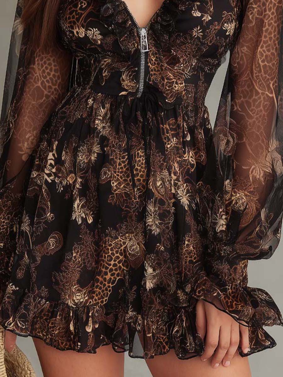 Bohemia Ruffled Zip-Front Mixed-Print Mini Dress