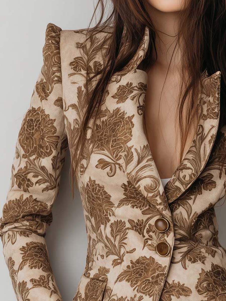 Vintage Floral Printed Eco-Suede Blazer – Sandstone Beige